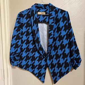 Hybrid & Company Women Blue/Black Houndstooth Jacket with Ruched 3/4 Sleeves